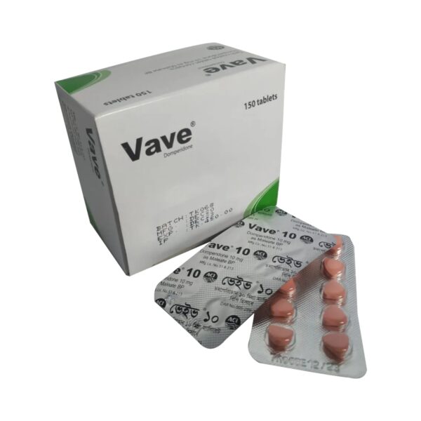 Vave 10 Domperidone 10mg blister pack by ACI Limited placed on a white background.