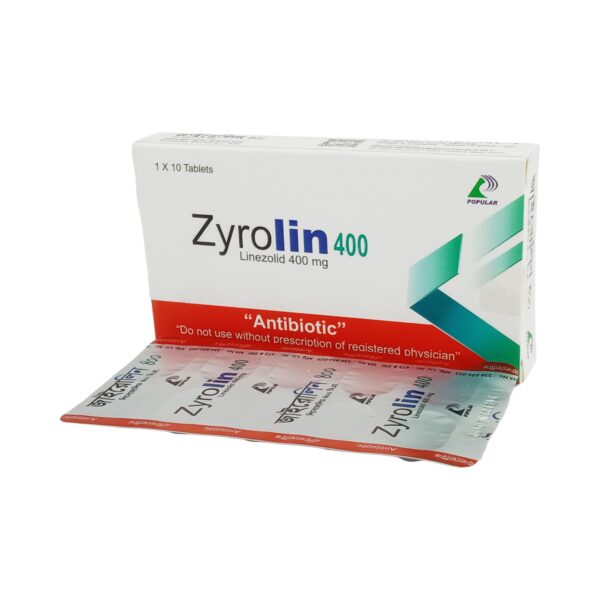 Zyrolin 400 antibiotic medicine in tablet form, used for severe bacterial infections, with a white tablet and packaging in the background.