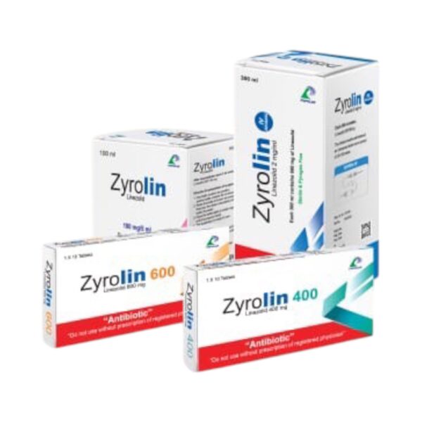 A strip of Zyrolin 600 mg tablets in secure packaging with detailed labeling for dosage and manufacturer details.