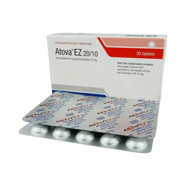 Atova EZ 20/10 mg Tablet box image showing clear Atorvastatin and Ezetimibe label.