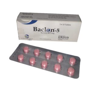 A pack of Baclon 5 tablets, containing Baclofen 5mg, used for muscle relaxation and spasticity relief.