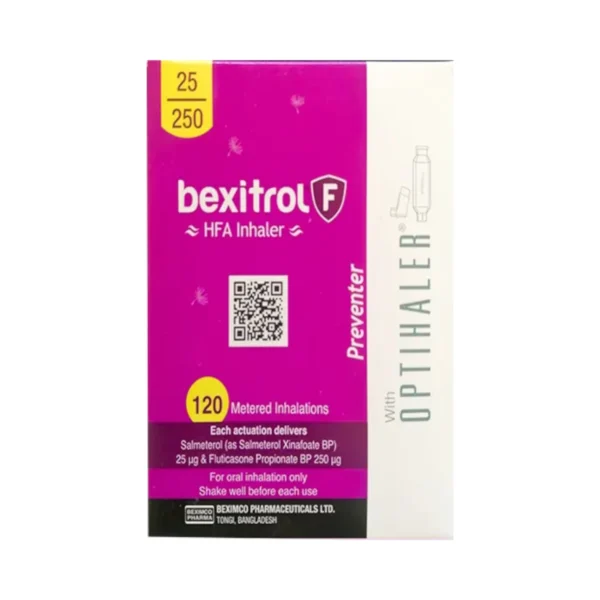 Bexitrol F HFA 25/250 inhaler image with clear labeling.