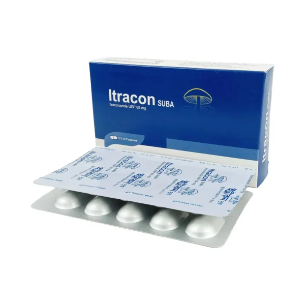 Itracon Suba 65mg capsule image with clear label