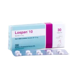 Lospan 10 Tablet pack image with clear Baclofen 10mg label.