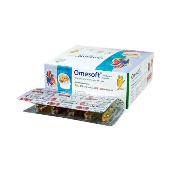 A box of Omesoft Capsules featuring Omega-3 Acid Ethyl Esters for heart health and triglyceride reduction.