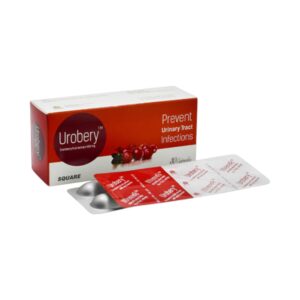 A pack of Urobery Capsules, containing 400mg Cranberry extract, used for urinary tract infection prevention and kidney health support.